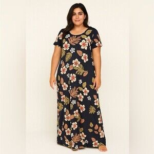 🌺VTG Kaua'iana Hawaiian Long Maxi Dress Black Tropical Floral Sz XL Island Vibes